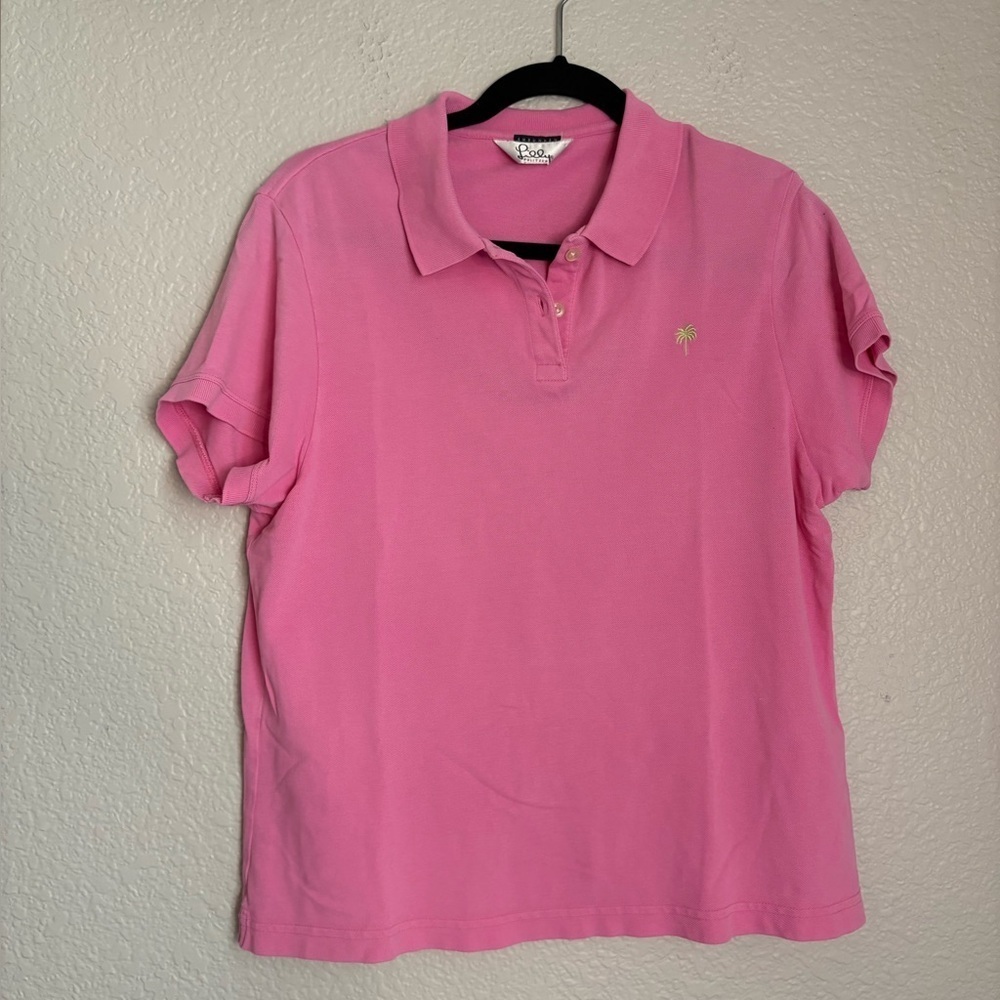 LILLY PULITZER Pink Polo Shirt with Green Embroidered Palm Tree-XL